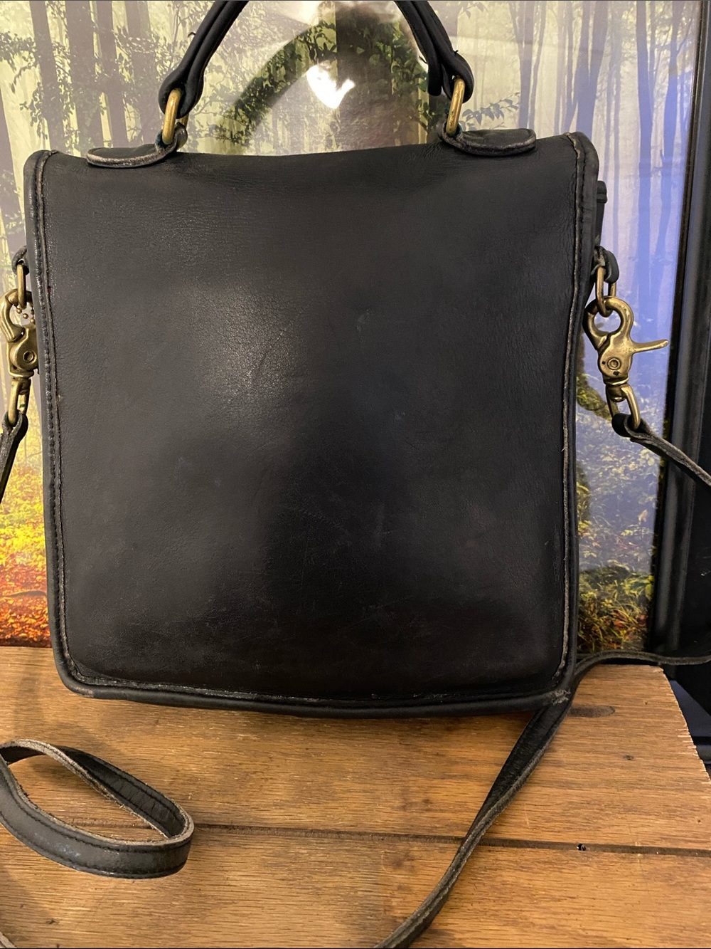 Coach Black Leather Messenger Bag with Gold-Tone Turn Lock, has some wear. - Picture 2 of 14